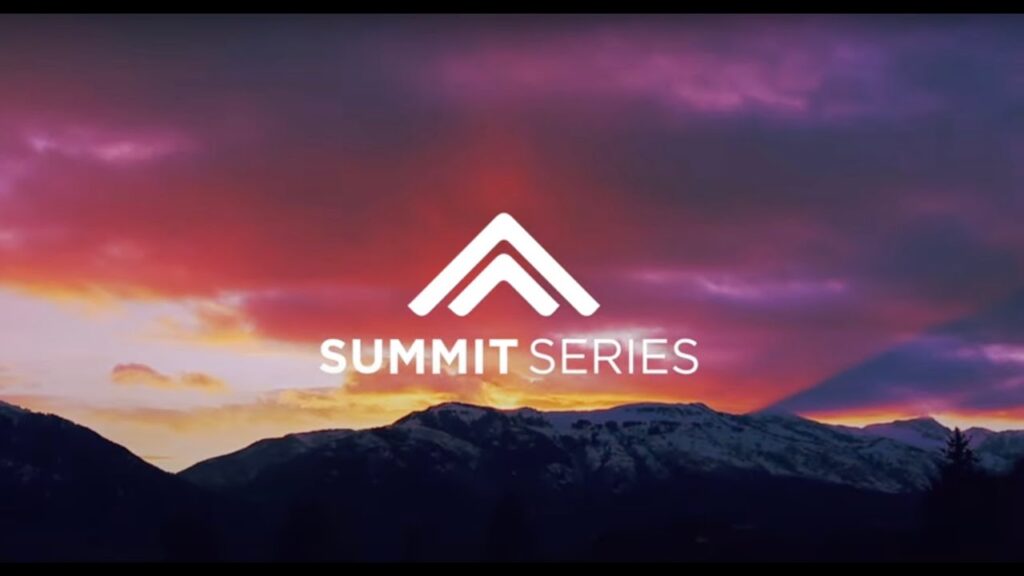 Summit Series logo against a backdrop of a colorful sunset over mountain ranges.