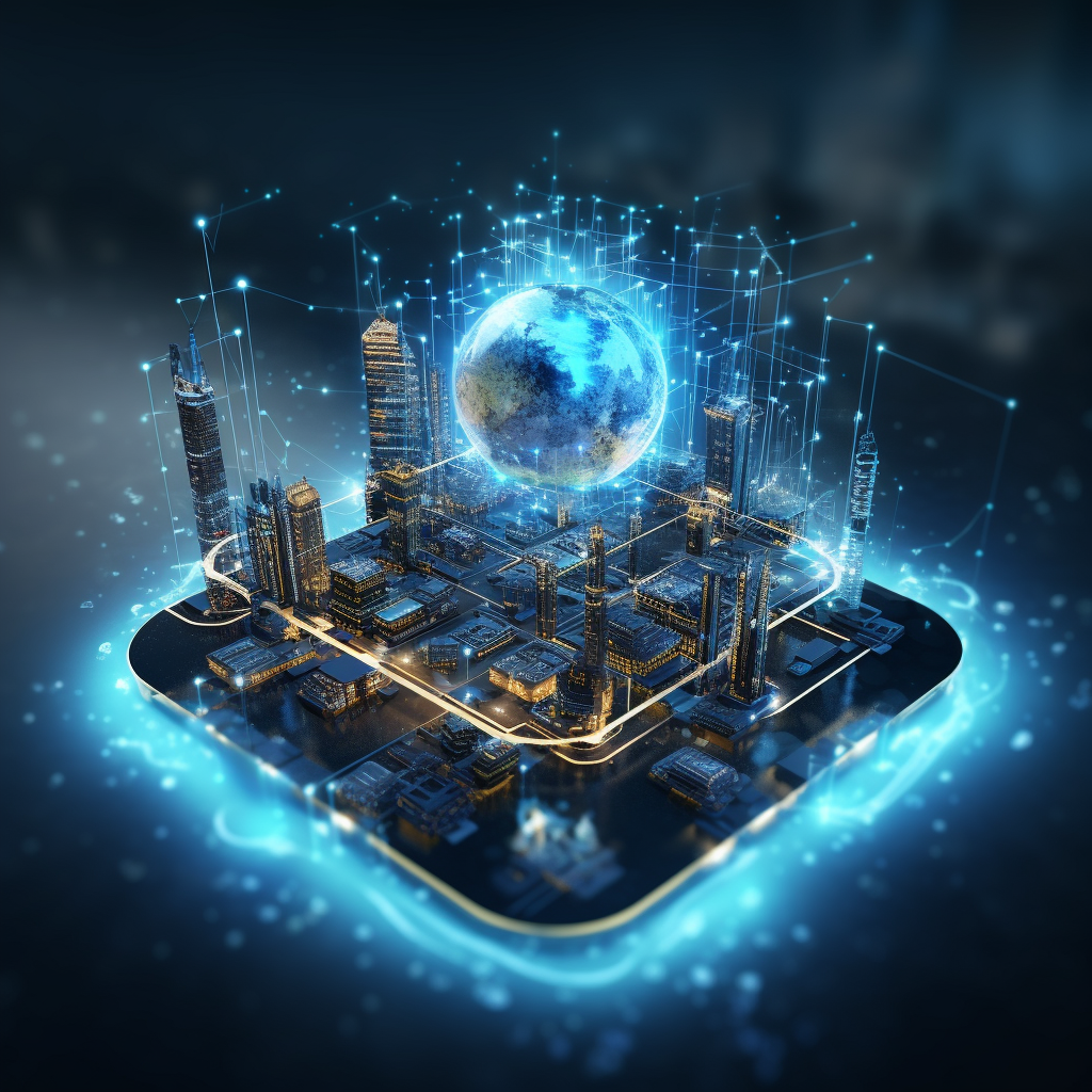 Digital illustration of a futuristic cityscape connected with luminous lines and a glowing Earth at the center, conceptualizing 5G technology connectivity, imagined by Visions Media.