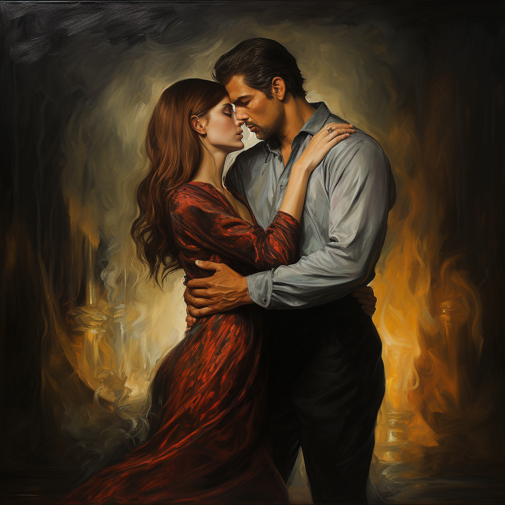 Man and woman in a passionate embrace against a backdrop of swirling flames, highlighting their deep connection and intensity. Imagined by Visions Media.