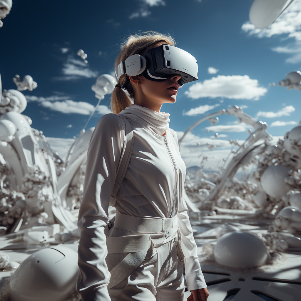 Woman wearing a VR headset, immersed in a Visions Media conceptualized futuristic white landscape with floating orbs and organic structures against a blue sky.