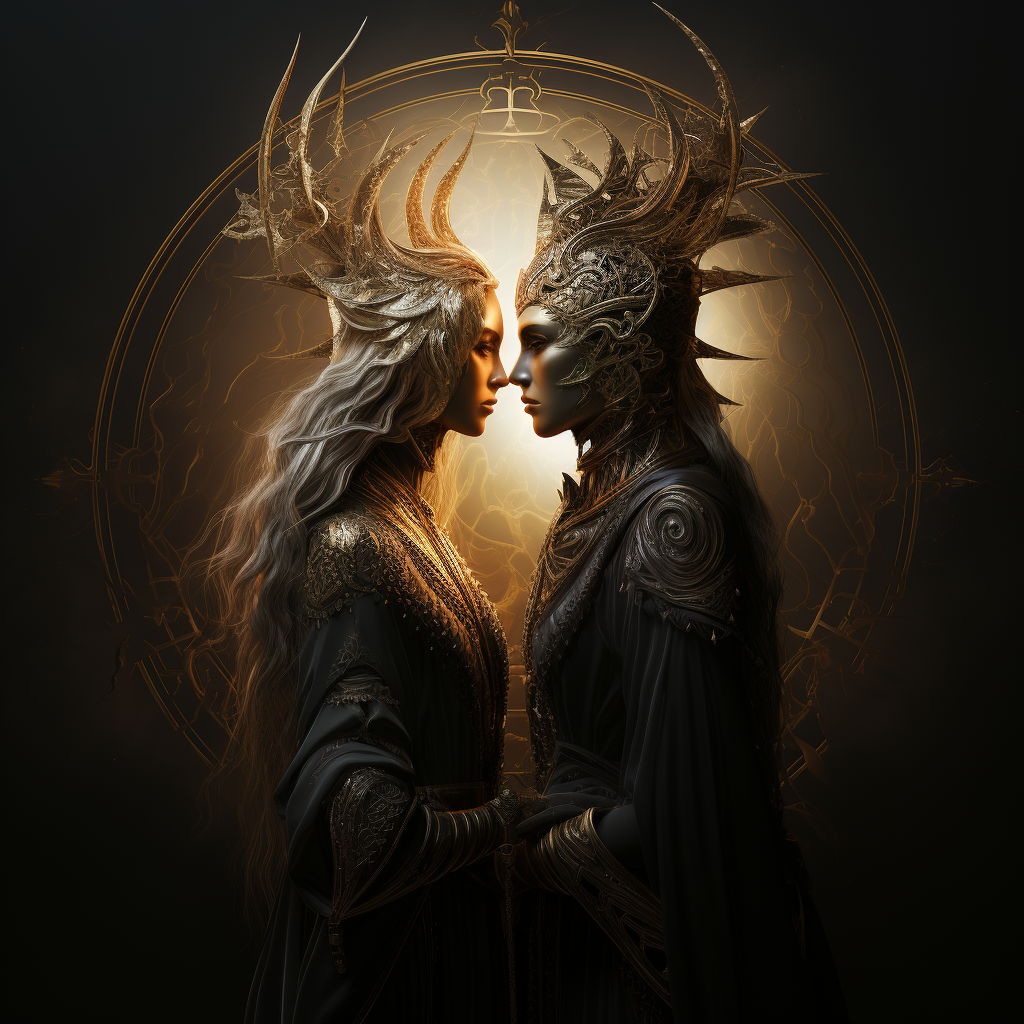 A striking digital artwork depicting two figures adorned with elaborate, ornate headpieces, facing each other against a dark backdrop with a radiant, golden halo encircling them. Their poised closeness and mirrored attire symbolize a profound and sacred connection, as envisioned by Visions Media.