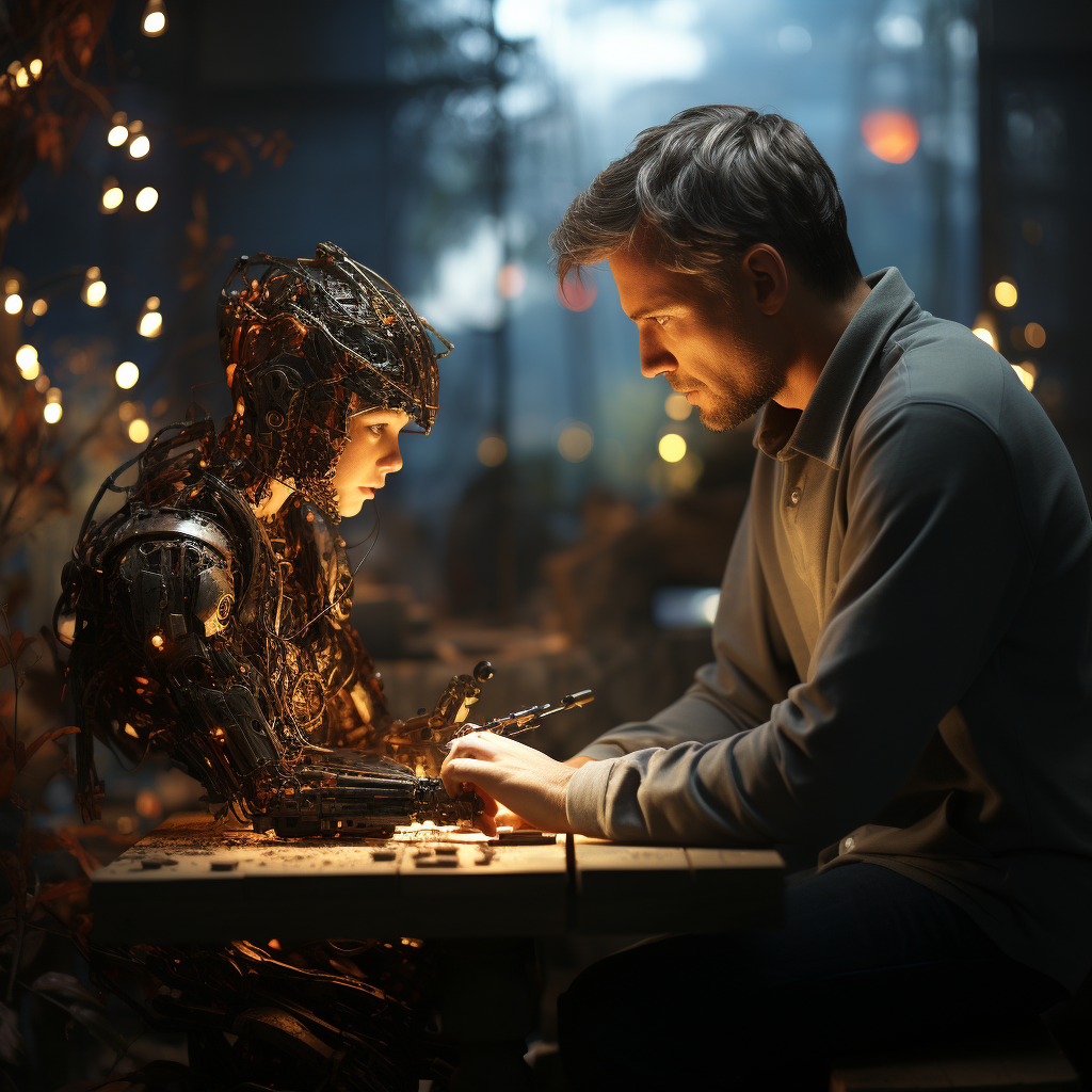 Man closely working on an intricately designed humanoid robot surrounded by soft ambient lighting, symbolizing the deep connection between humans and A.I., imagined by Visions Media.