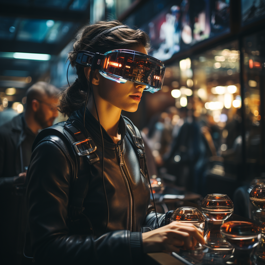 A young woman wearing augmented reality glasses, interacting with a high-tech interface in an urban setting, imagined by Visions Media.