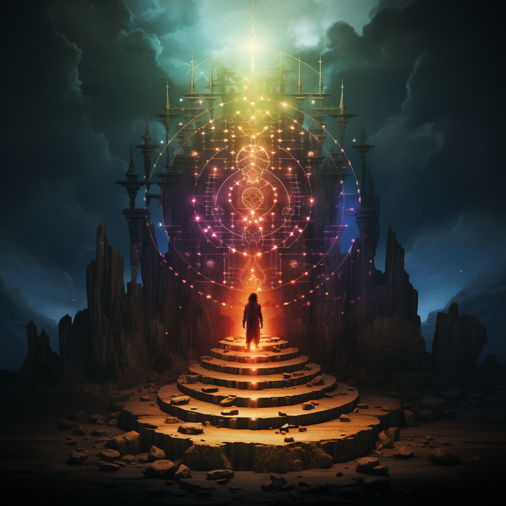 A silhouette stands at the base of an illuminated chakra diagram, radiating with ethereal light against a backdrop of mystical spires under a starlit sky, an embodiment of spiritual journeying and the quest for inner balance - imagined by Visions Media.