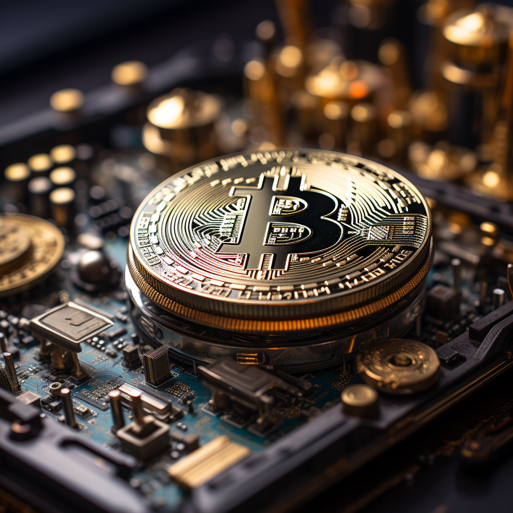 lose-up of a shining Bitcoin coin on a detailed circuit board surrounded by gold components, envisioned by Visions Media.