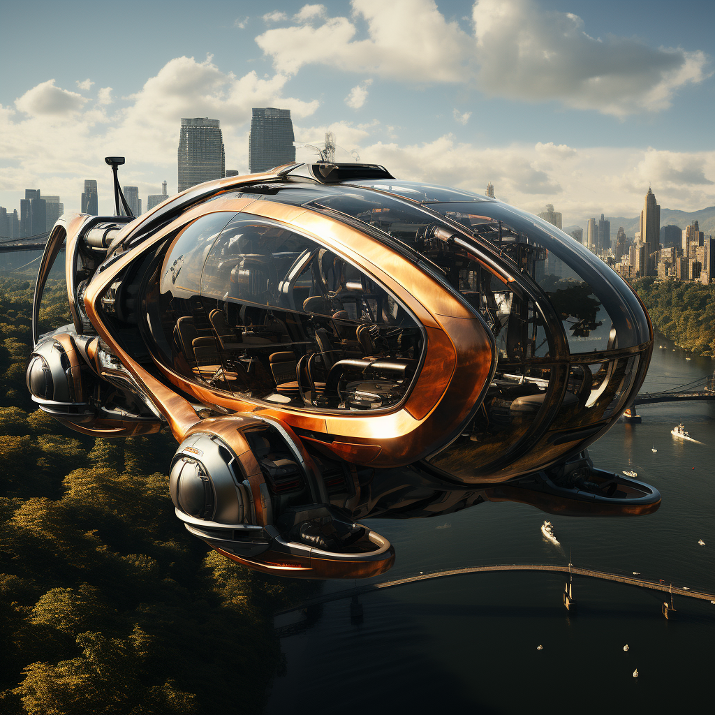 A sleek, modern flying car imagined by Visions Media, with a reflective bronze exterior, hovers over a river, capturing a panoramic view of New York city skyline with tall buildings and verdant expanses below.