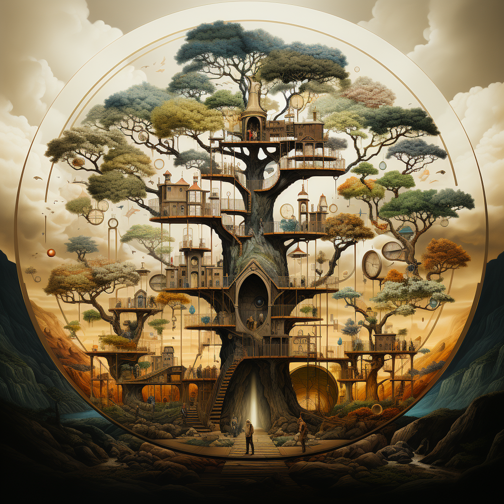 An intricate treehouse structure with diverse architectural styles rooted in a massive tree, representing humanity's evolution and growth throughout history.