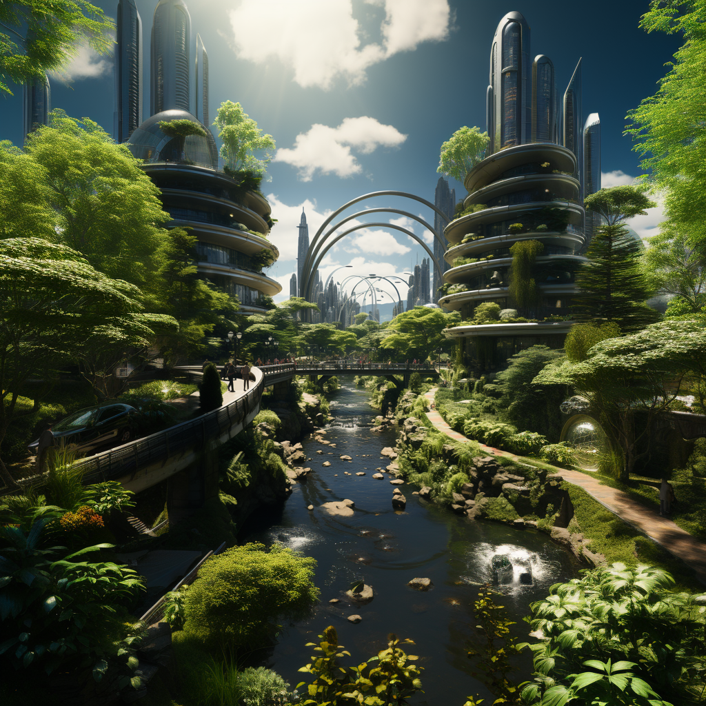 A futuristic sustainable cityscape imagined by Visions Media, featuring multi-level eco-friendly buildings with integrated greenery, pedestrians enjoying a lush riverside walkway, and a harmonious blend of nature and advanced architecture under a clear blue sky.