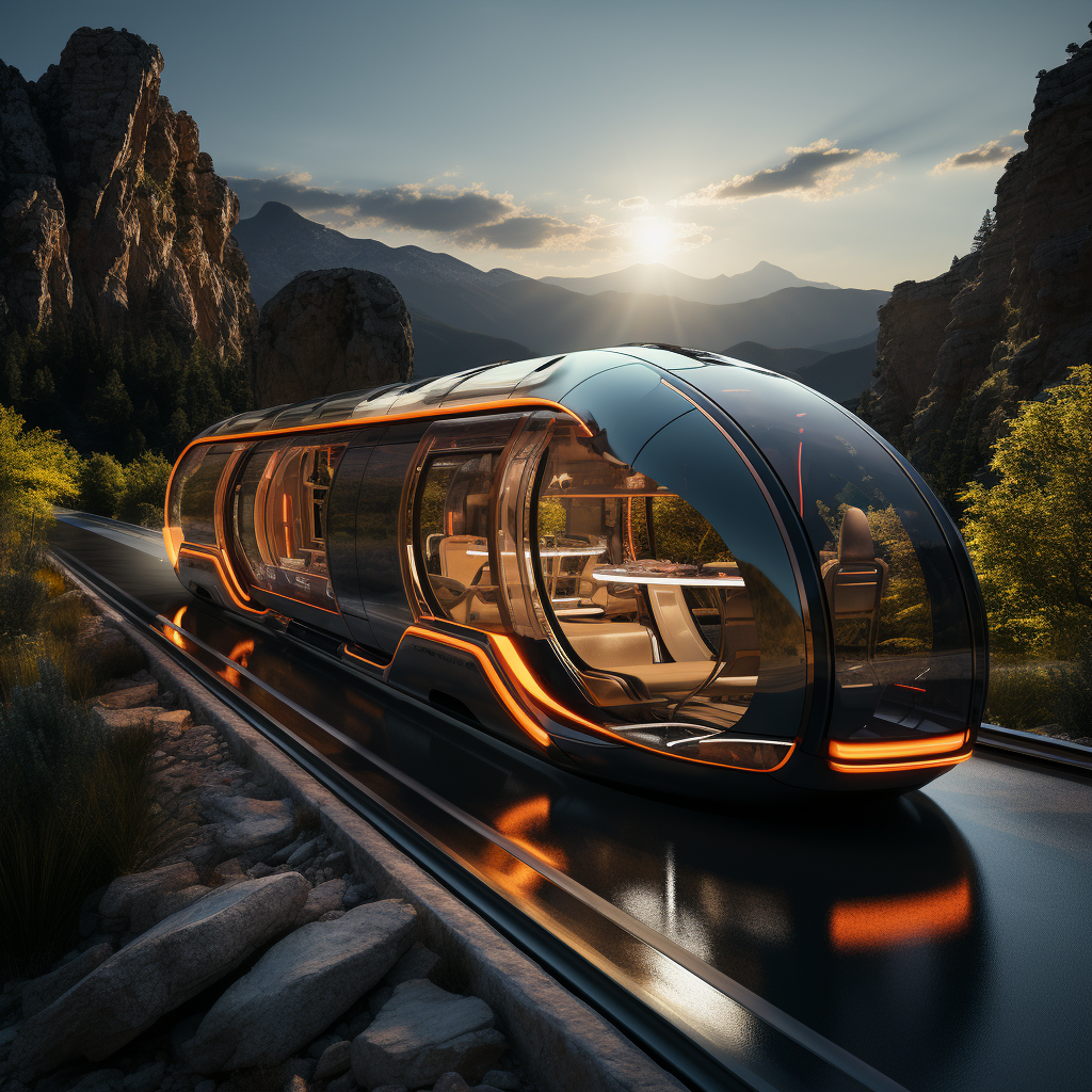 Glass-encased futuristic train imagined by Visions Media, gliding through a scenic mountain valley during sunset.