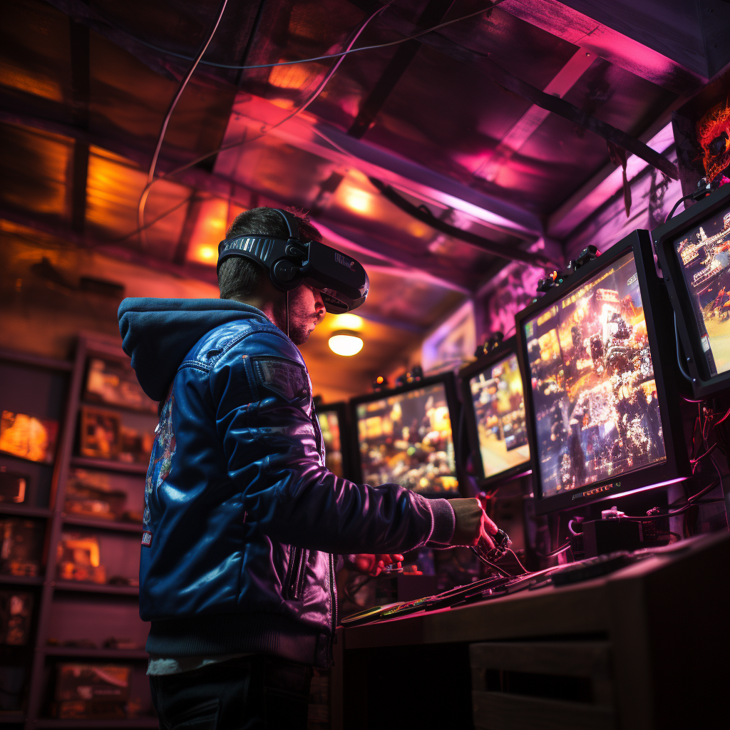 A gamer, depicted in a dynamic setup by Visions Media, wears a VR headset in a neon-lit room surrounded by multiple screens displaying intense game graphics.