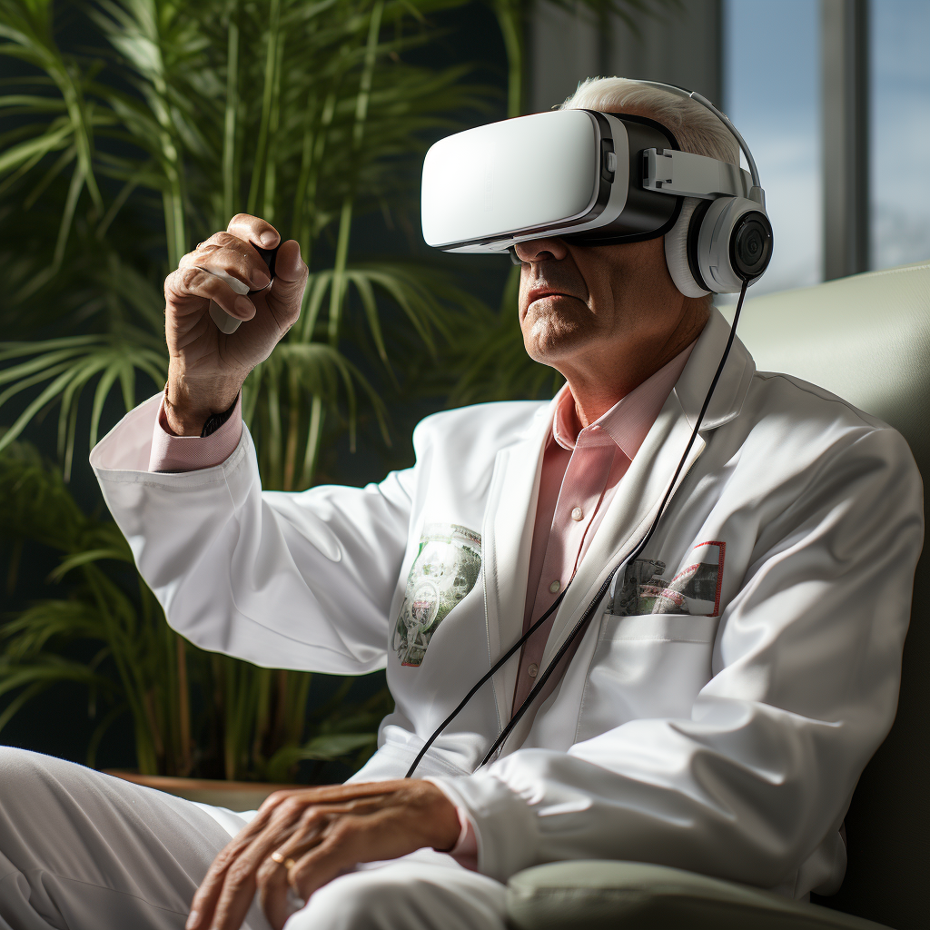 Elderly man in a stylish white suit engrossed in a virtual reality session, imagined by Visions Media.