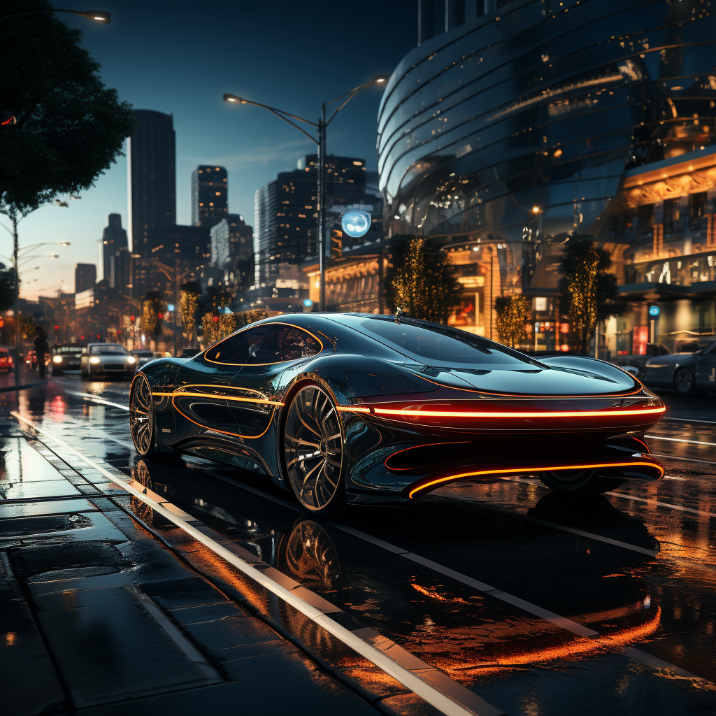 Stunning futuristic car with glowing edges, parked on rain-soaked urban streets with cityscape lights in the background - Crafted by Visions Media.