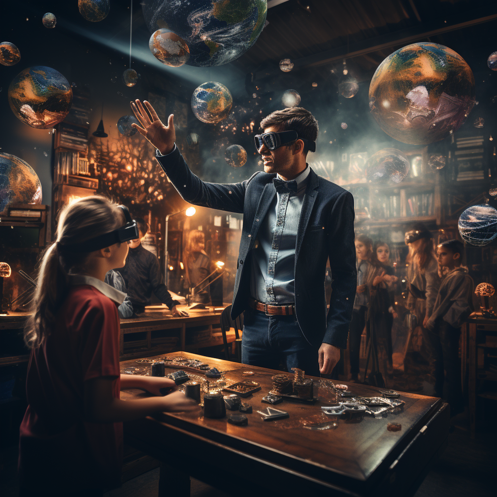 A man and a young girl, both with VR headsets, interact with hovering planets in a vintage study room filled with onlookers, beautifully imagined by Visions Media.