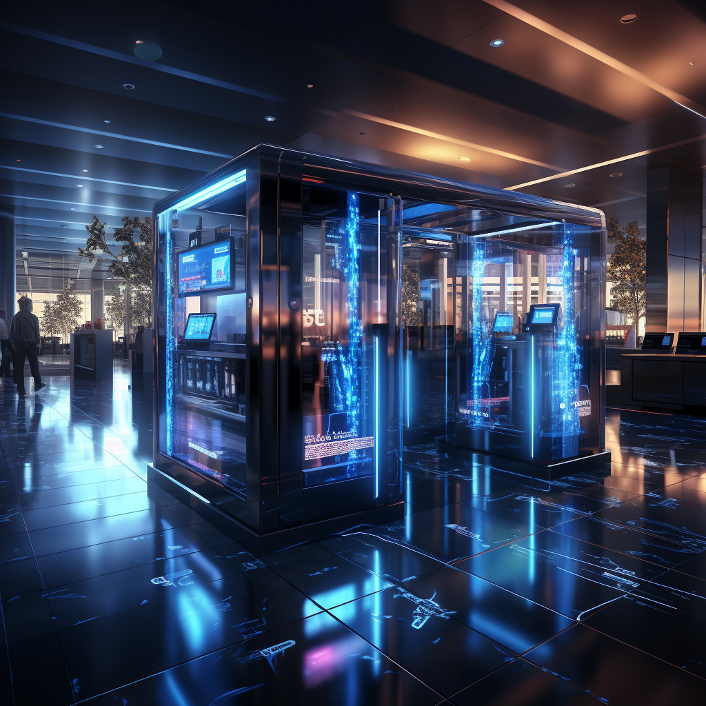 Modern technological space with glowing blue digital cubicles displaying holographic data, amidst a reflective interior - Imagined by Visions Media.