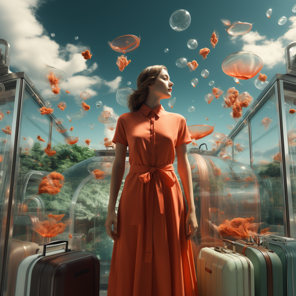 Elegant woman in an orange dress, gazing at floating jellyfish amidst transparent containers and vintage suitcases under a bright sky - Imagined by Visions Media.