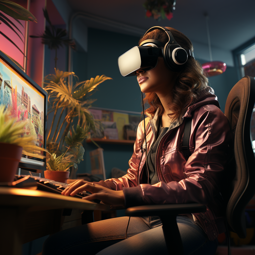 A woman engrossed in a VR experience with headphones, seated at her home workspace surrounded by vibrant decor, imagined by Visions Media.