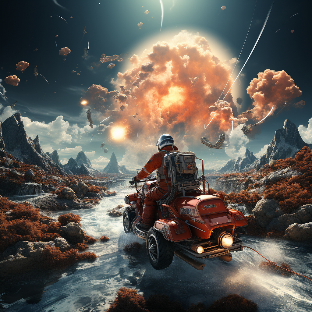 Astronaut on a retro-futuristic motorcycle navigating a dramatic alien landscape with floating rocks, radiant clouds, and towering peaks under a cosmic sky - Imagined by Visions Media.