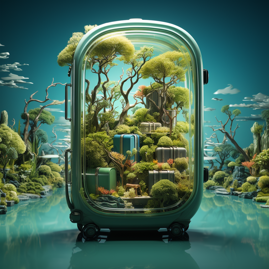 Artistic representation of a transparent suitcase containing a miniature lush forest ecosystem with meandering rivers, surrounded by a serene turquoise environment - Imagined by Visions Media.